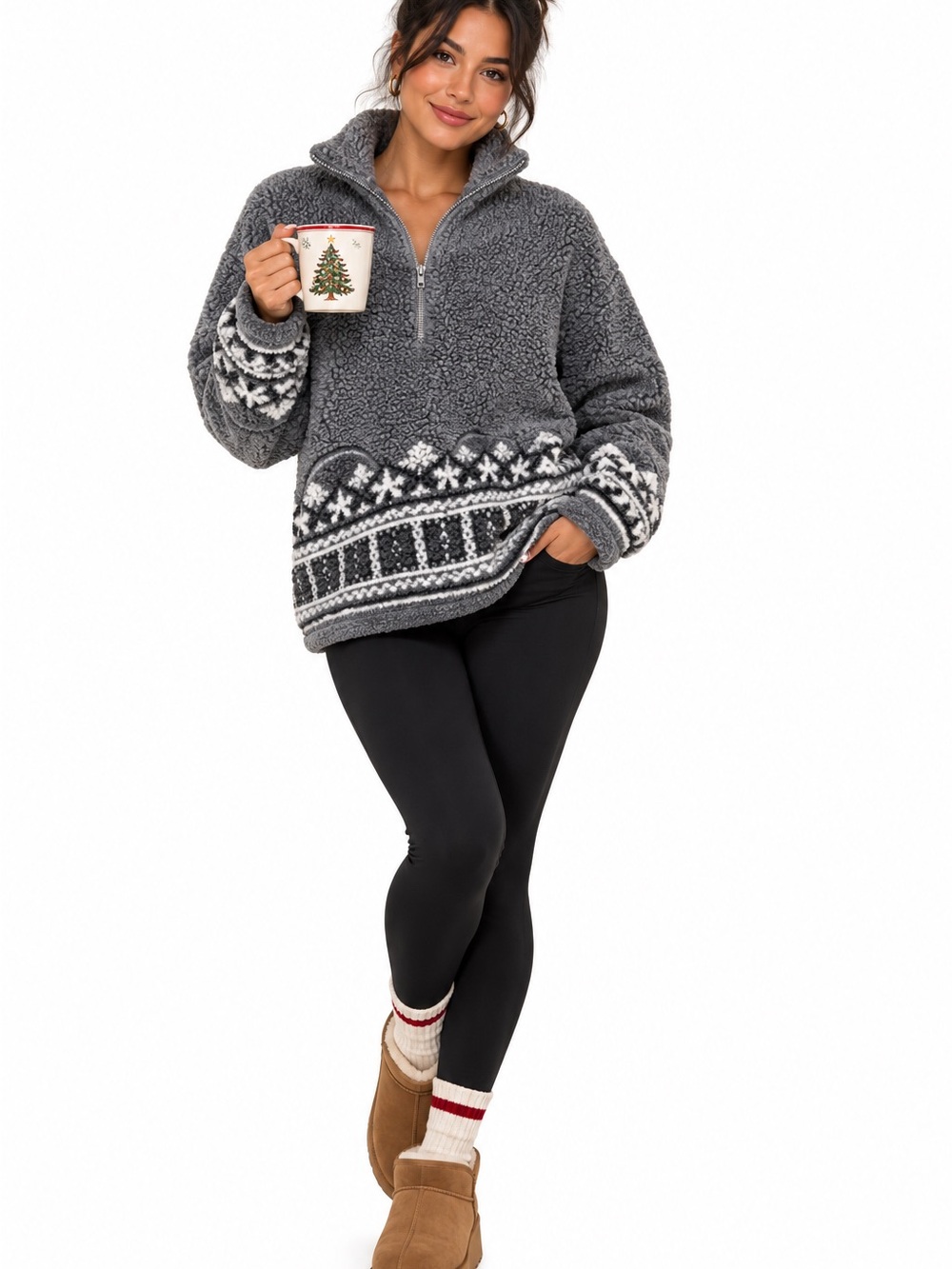 Esprit Womans Charcoal Gray Sherpa Half-Zip Sweater with Patterned Hem
